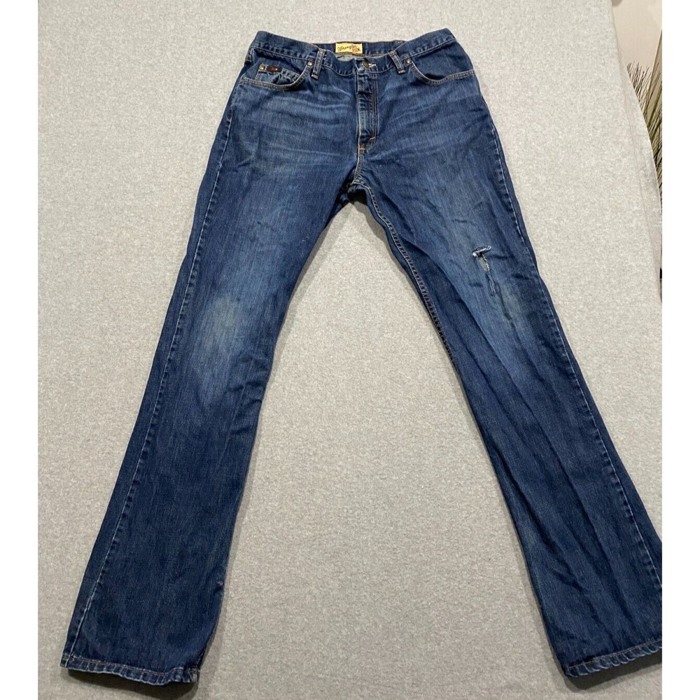 Wrangler Men Jeans Size 35x36 Blue Denim Twenty X 20X Bootcut Cowboy Distressed